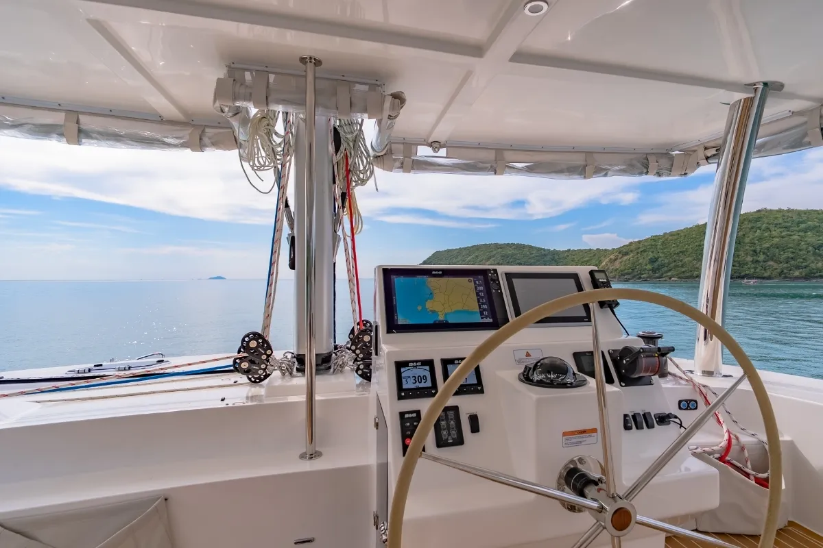Cockpit of Electric E-Motion, a Island Spirit Yachts Island Spirit 525E catamaran at Mai Khao, Thailand
