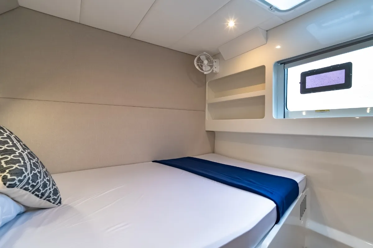 Cabin on Electric E-Motion, a Island Spirit Yachts Island Spirit 525E catamaran at Mai Khao, Thailand
