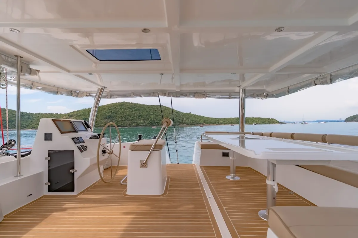 Cockpit of Electric E-Motion, a Island Spirit Yachts Island Spirit 525E catamaran at Mai Khao, Thailand