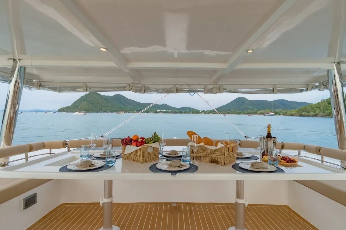 Deck of Electric E-Motion, a Island Spirit Yachts Island Spirit 525E catamaran at Mai Khao, Thailand
