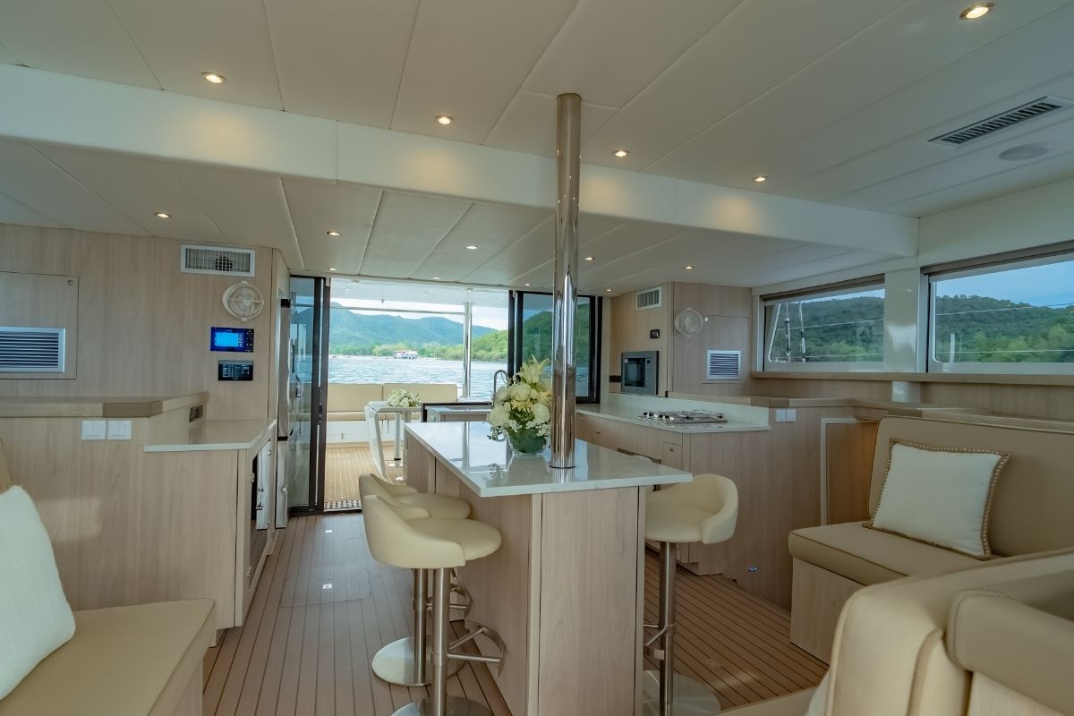 Salon of Electric E-Motion, a Island Spirit Yachts Island Spirit 525E catamaran at Mai Khao, Thailand