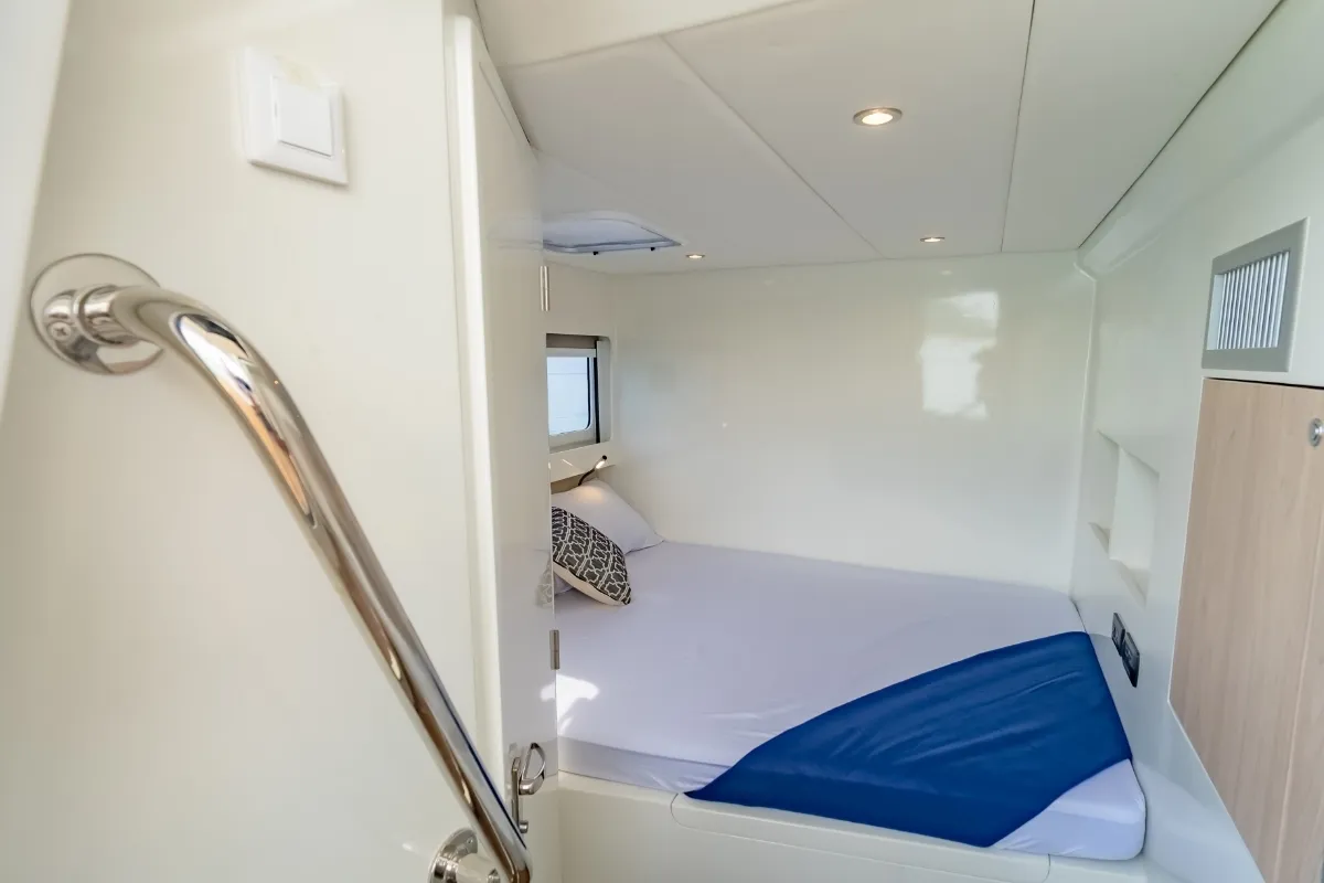 Cabin on Electric E-Motion, a Island Spirit Yachts Island Spirit 525E catamaran at Mai Khao, Thailand