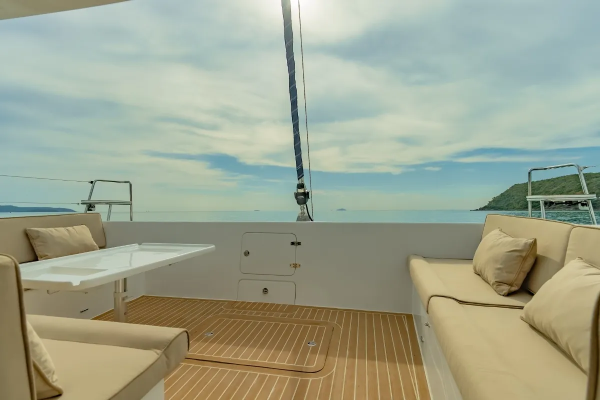 Deck of Electric E-Motion, a Island Spirit Yachts Island Spirit 525E catamaran at Mai Khao, Thailand