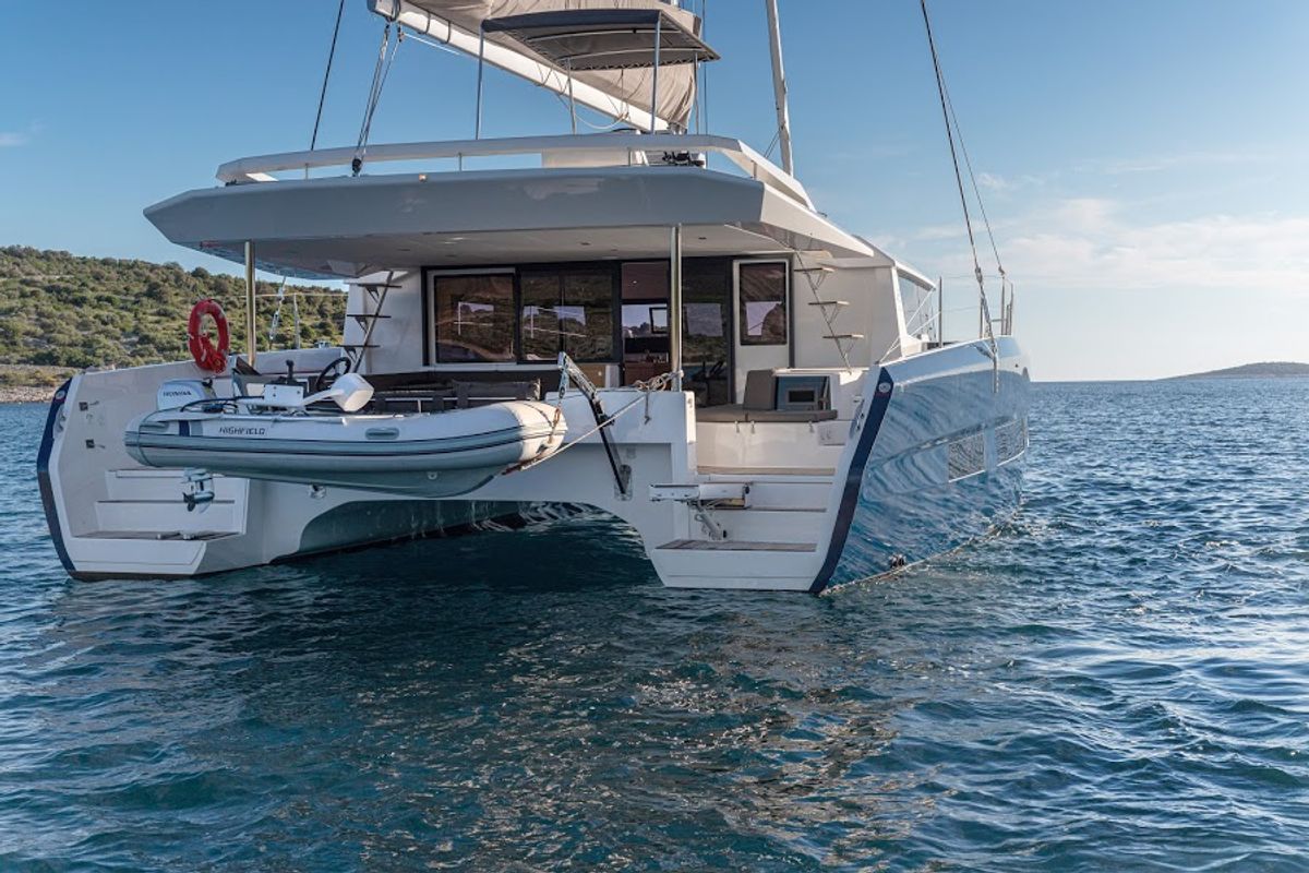 Exterior view of Nox, a Dufour 48 Catamaran catamaran at Primošten, Croatia