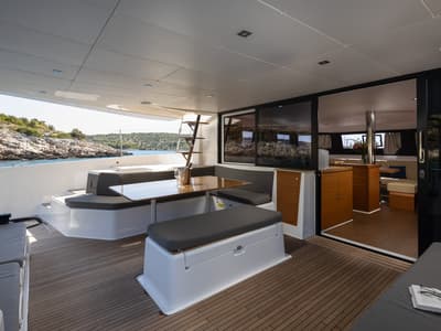 Deck of Nox, a Dufour 48 Catamaran catamaran at Primošten, Croatia
