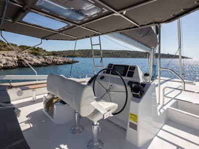 Cockpit of Nox, a Dufour 48 Catamaran catamaran at Primošten, Croatia