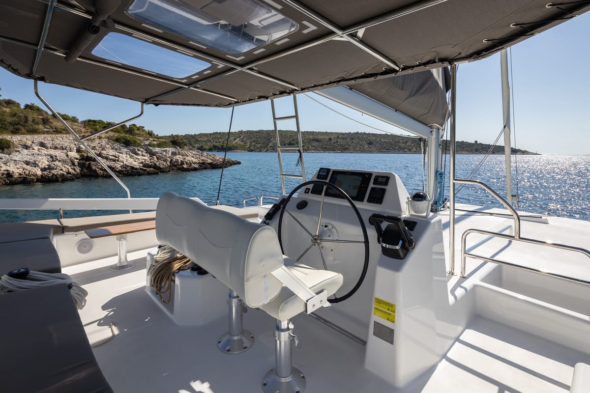 Cockpit of Nox, a Dufour 48 Catamaran catamaran at Primošten, Croatia