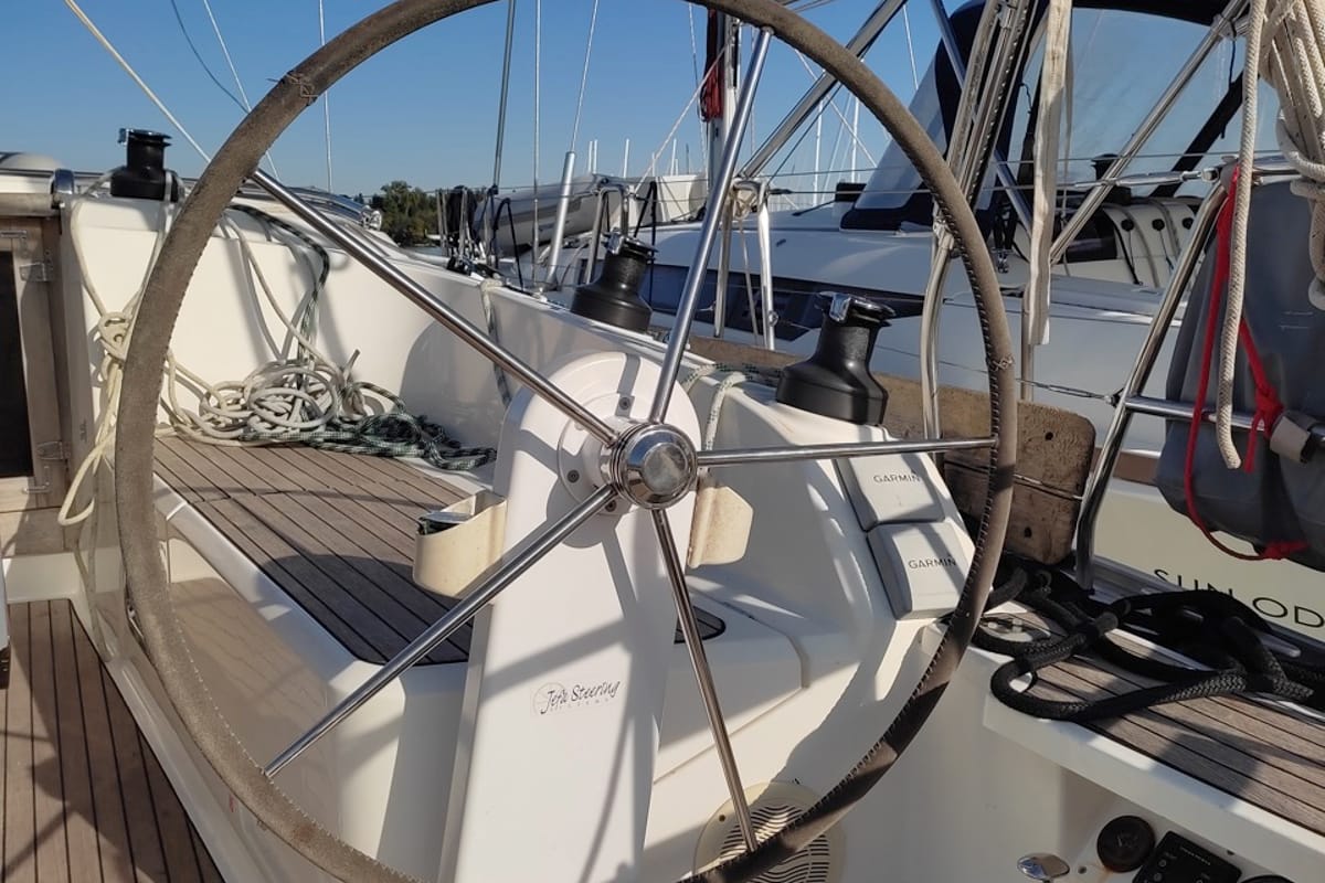 Cockpit of Andrelli, a Bavaria 37 Cruiser sailboat at Kontokali, Greece