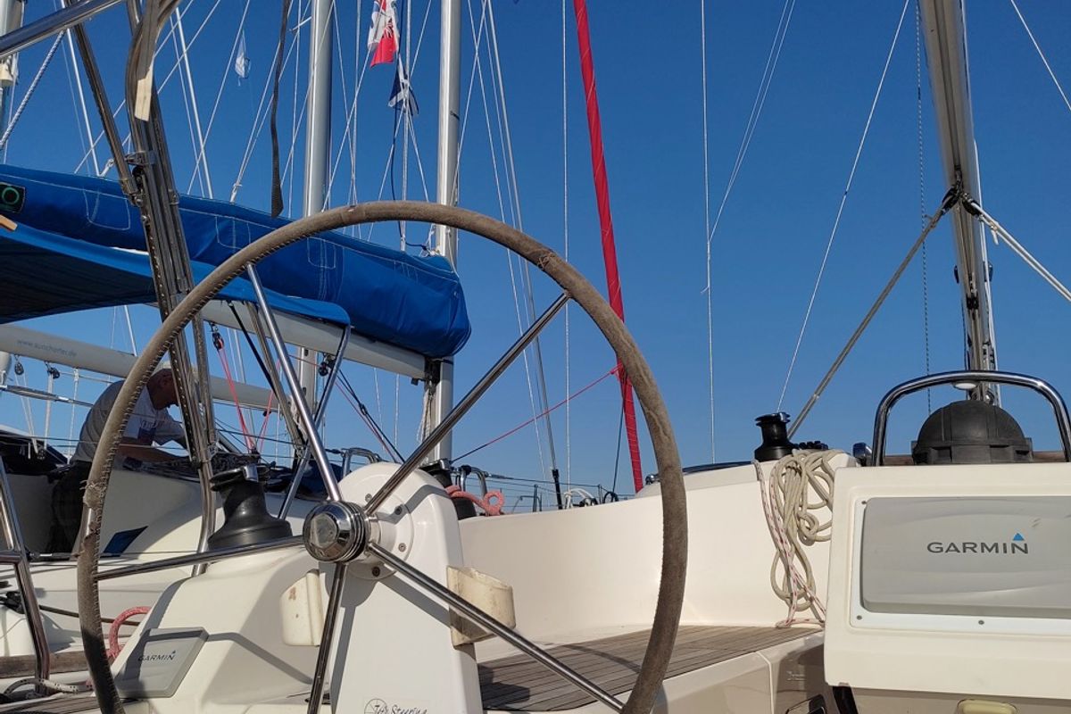 Cockpit of Andrelli, a Bavaria 37 Cruiser sailboat at Kontokali, Greece