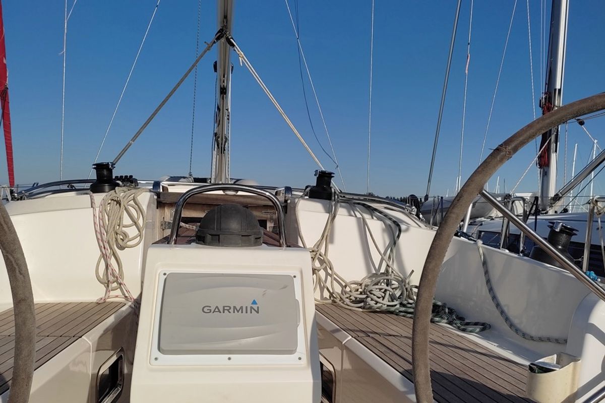 Cockpit of Andrelli, a Bavaria 37 Cruiser sailboat at Kontokali, Greece