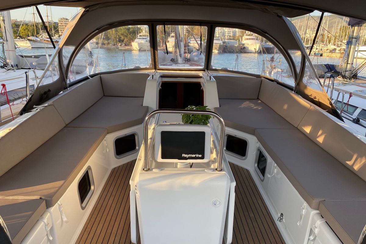 Cockpit of AEGEAN STAR, a Jeanneau 54 sailboat at Athens, Greece