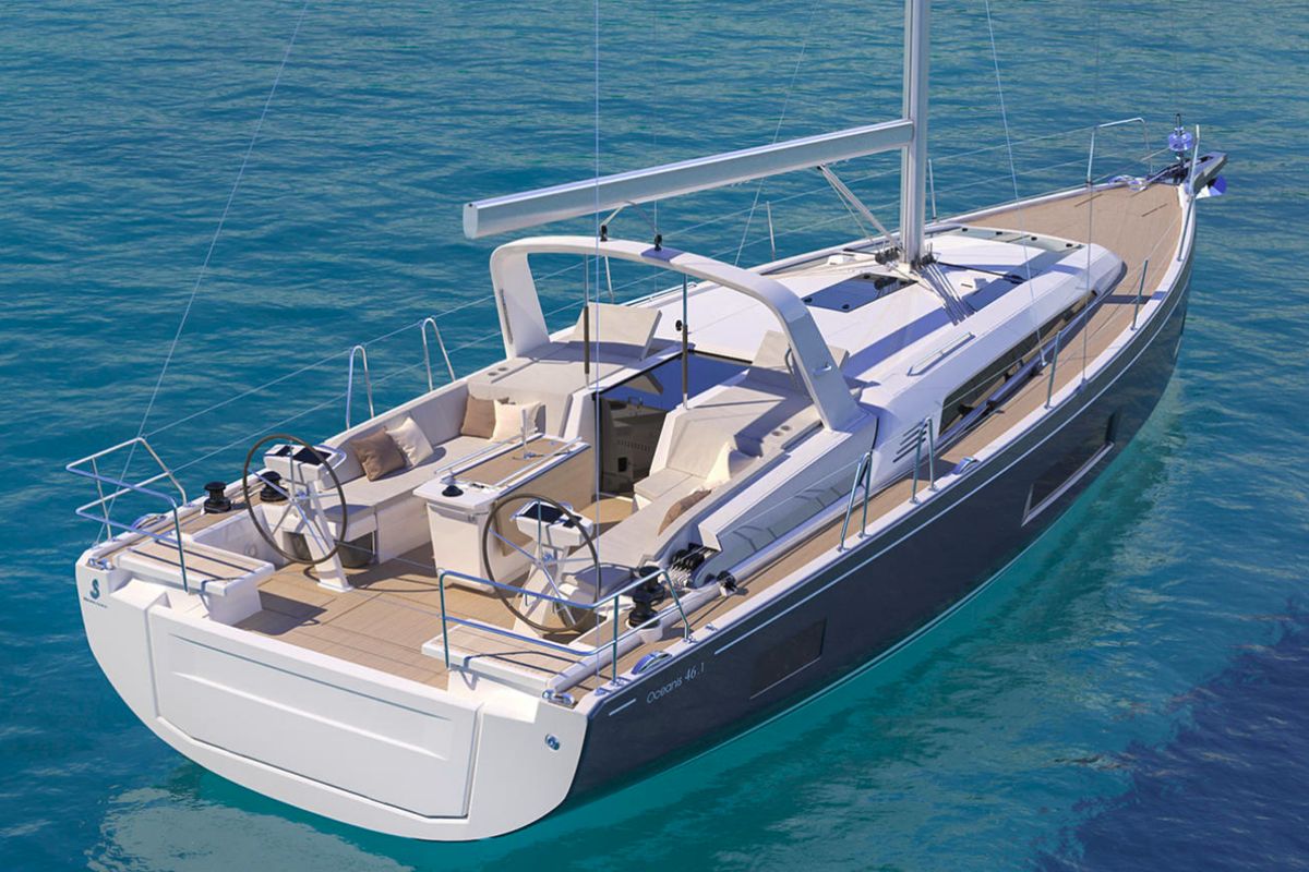 Exterior view of Kos 46.9, a Beneteau Oceanis 46.1 sailboat at Kos, Greece