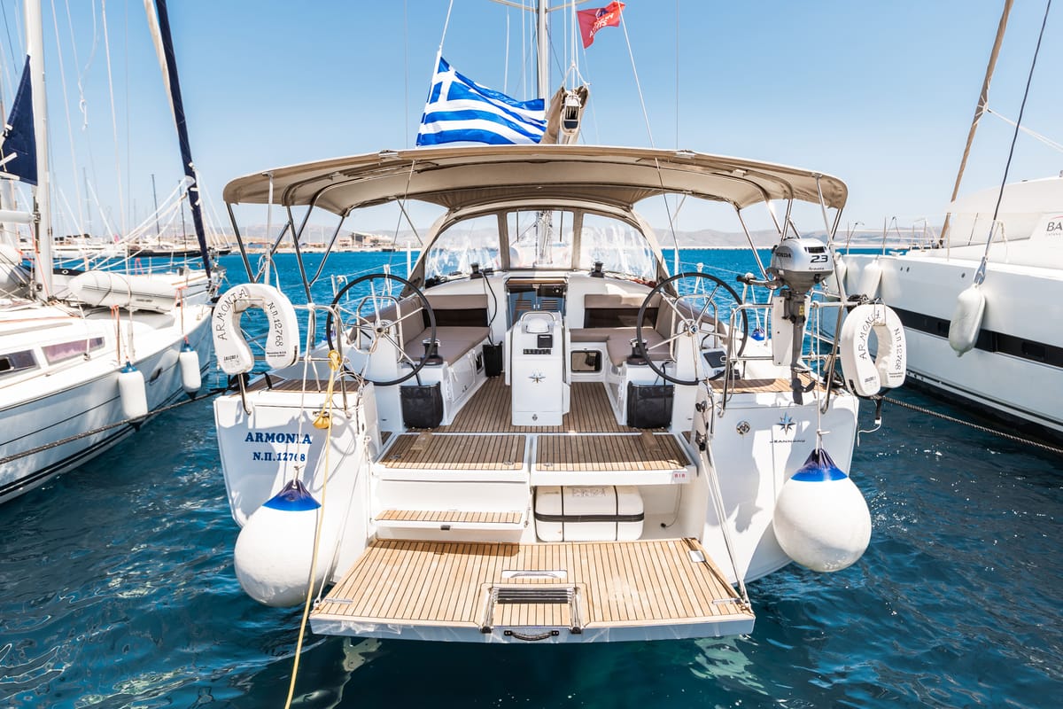 Exterior view of Armonia, a Jeanneau Sun Odyssey 440 sailboat at Municipal Unit of Ellomenos, Greece