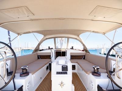 Cockpit of Armonia, a Jeanneau Sun Odyssey 440 sailboat at Municipal Unit of Ellomenos, Greece