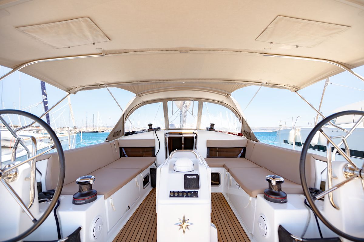 Cockpit of Armonia, a Jeanneau Sun Odyssey 440 sailboat at Municipal Unit of Ellomenos, Greece