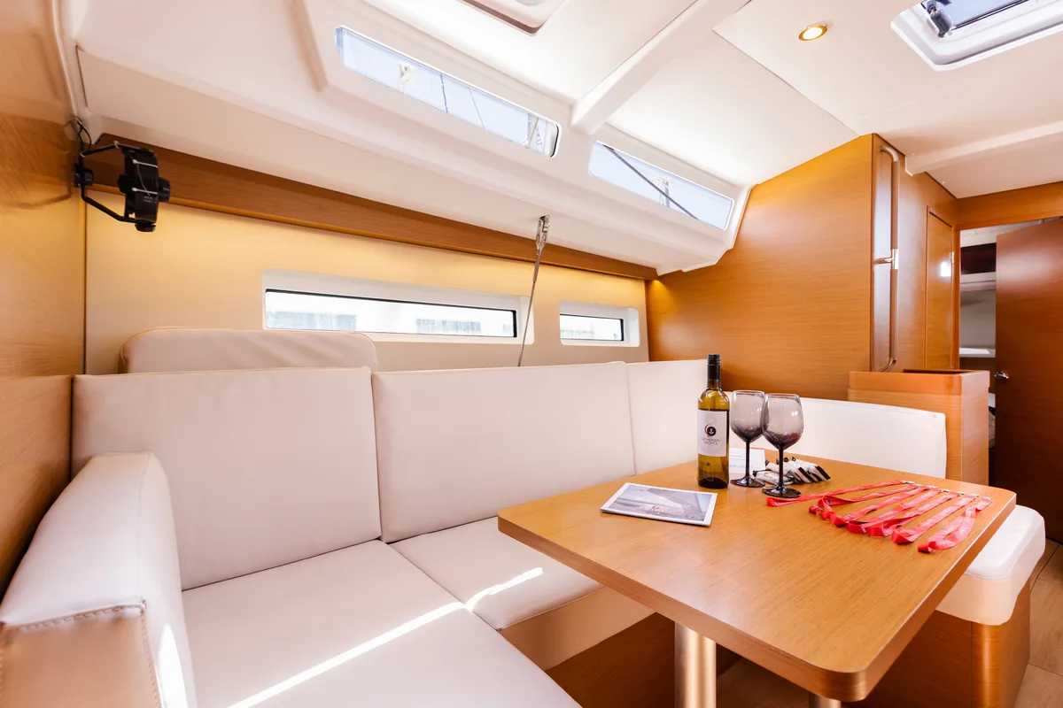 Salon of Armonia, a Jeanneau Sun Odyssey 440 sailboat at Municipal Unit of Ellomenos, Greece