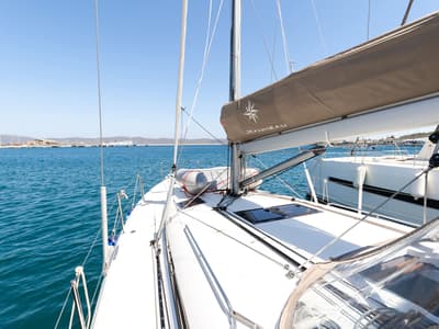 Deck of Armonia, a Jeanneau Sun Odyssey 440 sailboat at Municipal Unit of Ellomenos, Greece