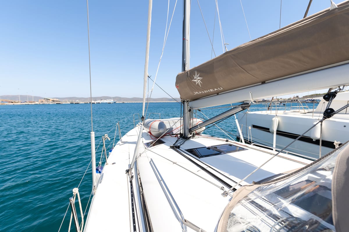 Deck of Armonia, a Jeanneau Sun Odyssey 440 sailboat at Municipal Unit of Ellomenos, Greece