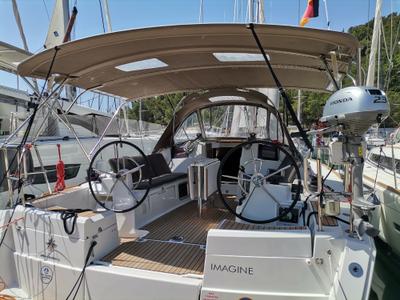 Cockpit of Imagine, a Jeanneau Sun Odyssey 389 sailboat at Skradin, Croatia