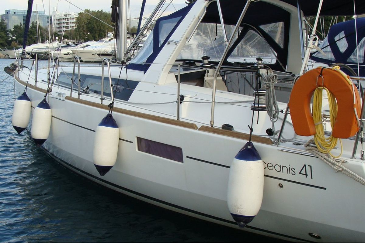 Exterior view of Ecstasea, a Beneteau Oceanis 41 sailboat at Athens, Greece