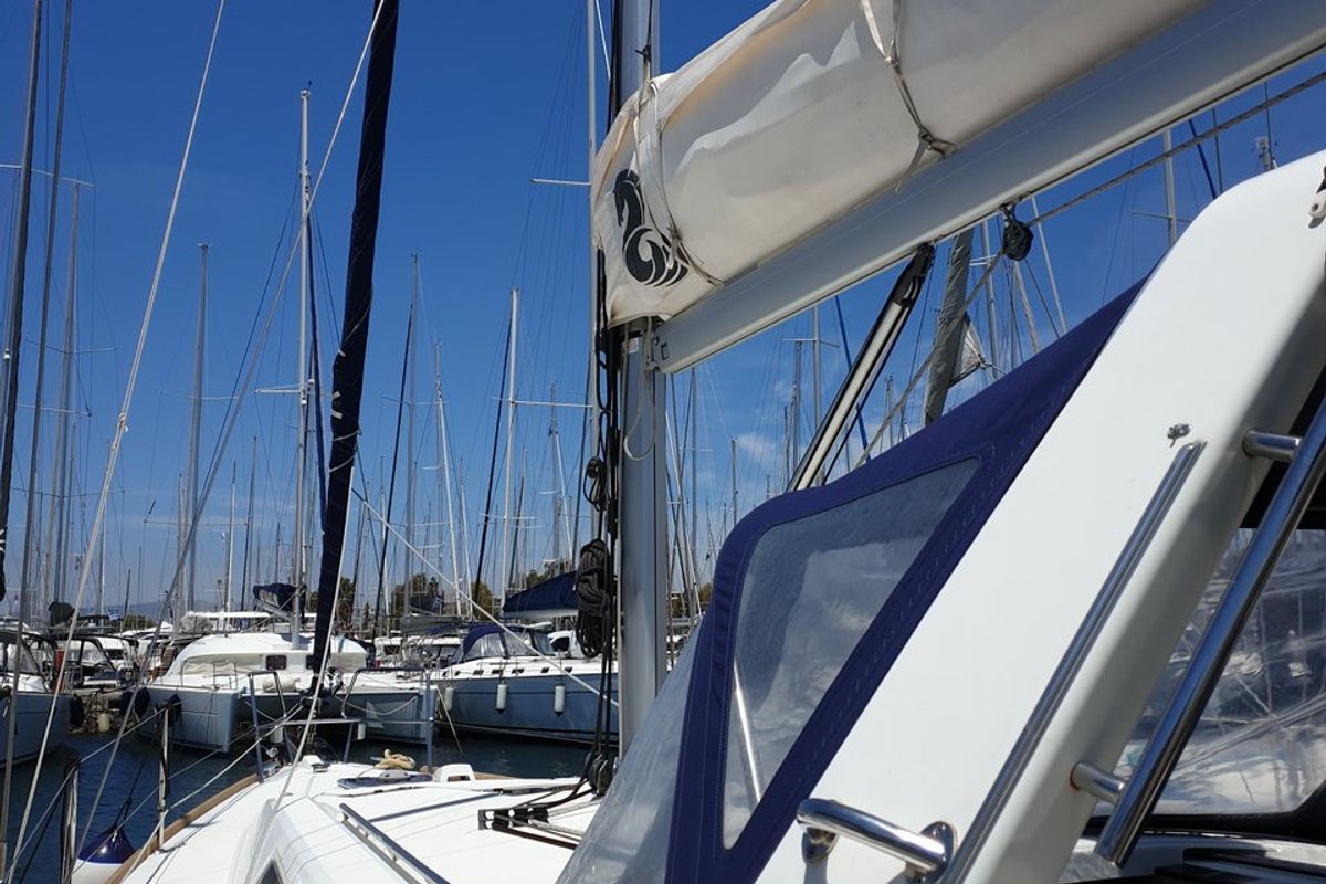 Deck of Ecstasea, a Beneteau Oceanis 41 sailboat at Athens, Greece