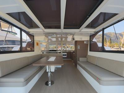 Cockpit of Moonrise, a Bali Catspace catamaran at Fethiye, Turkey