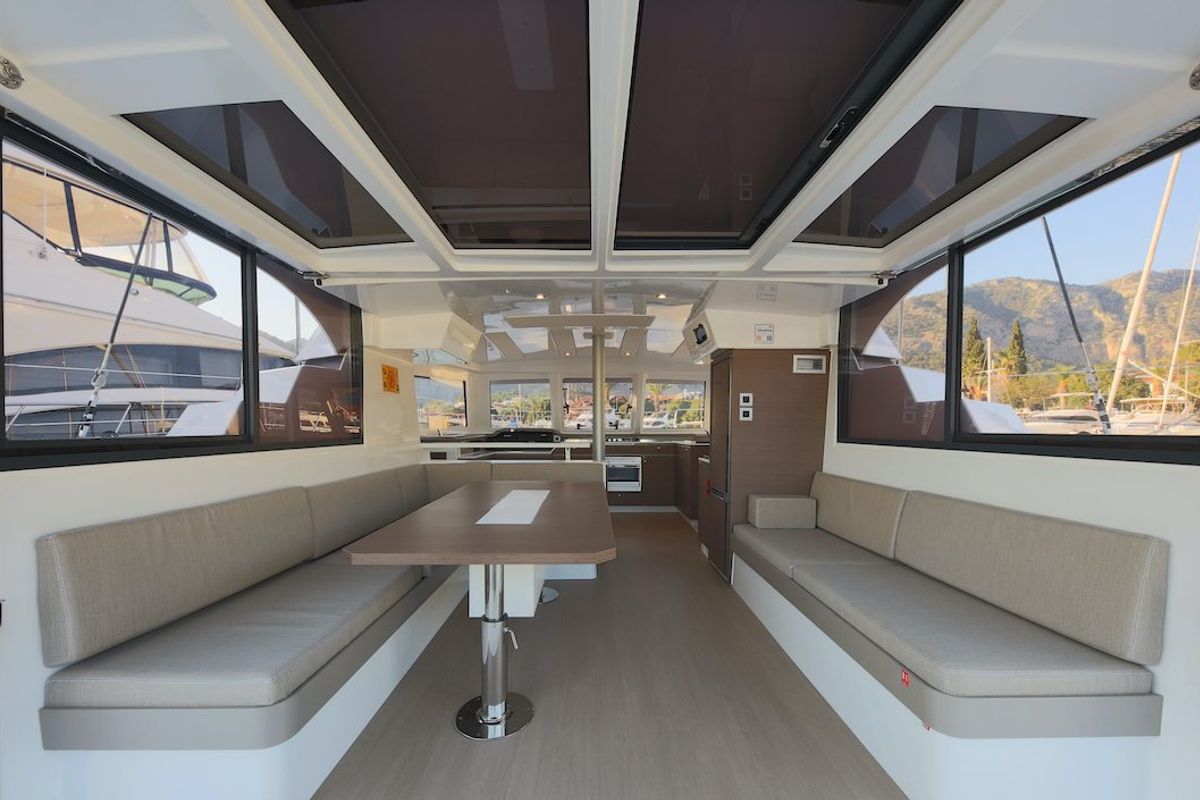 Cockpit of Moonrise, a Bali Catspace catamaran at Fethiye, Turkey