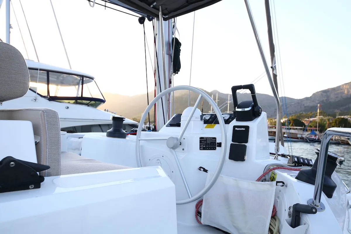 Deck of Moonrise, a Bali Catspace catamaran at Fethiye, Turkey