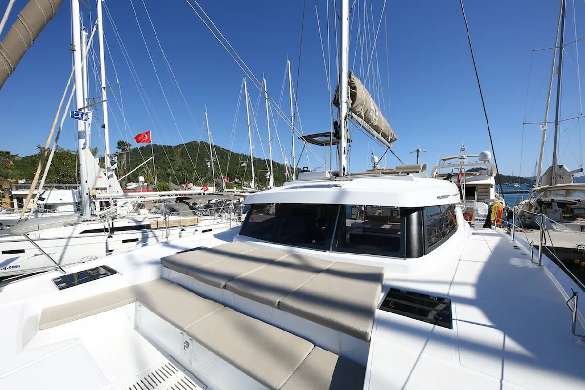 Exterior view of Moonrise, a Bali Catspace catamaran at Fethiye, Turkey
