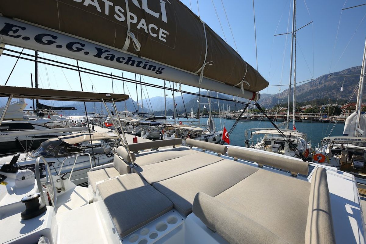 Deck of Moonrise, a Bali Catspace catamaran at Fethiye, Turkey
