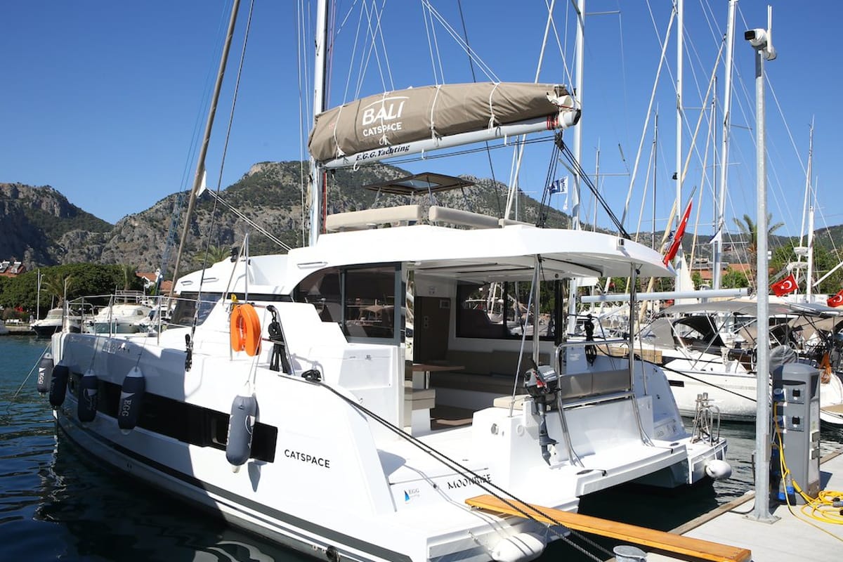 Exterior view of Moonrise, a Bali Catspace catamaran at Fethiye, Turkey