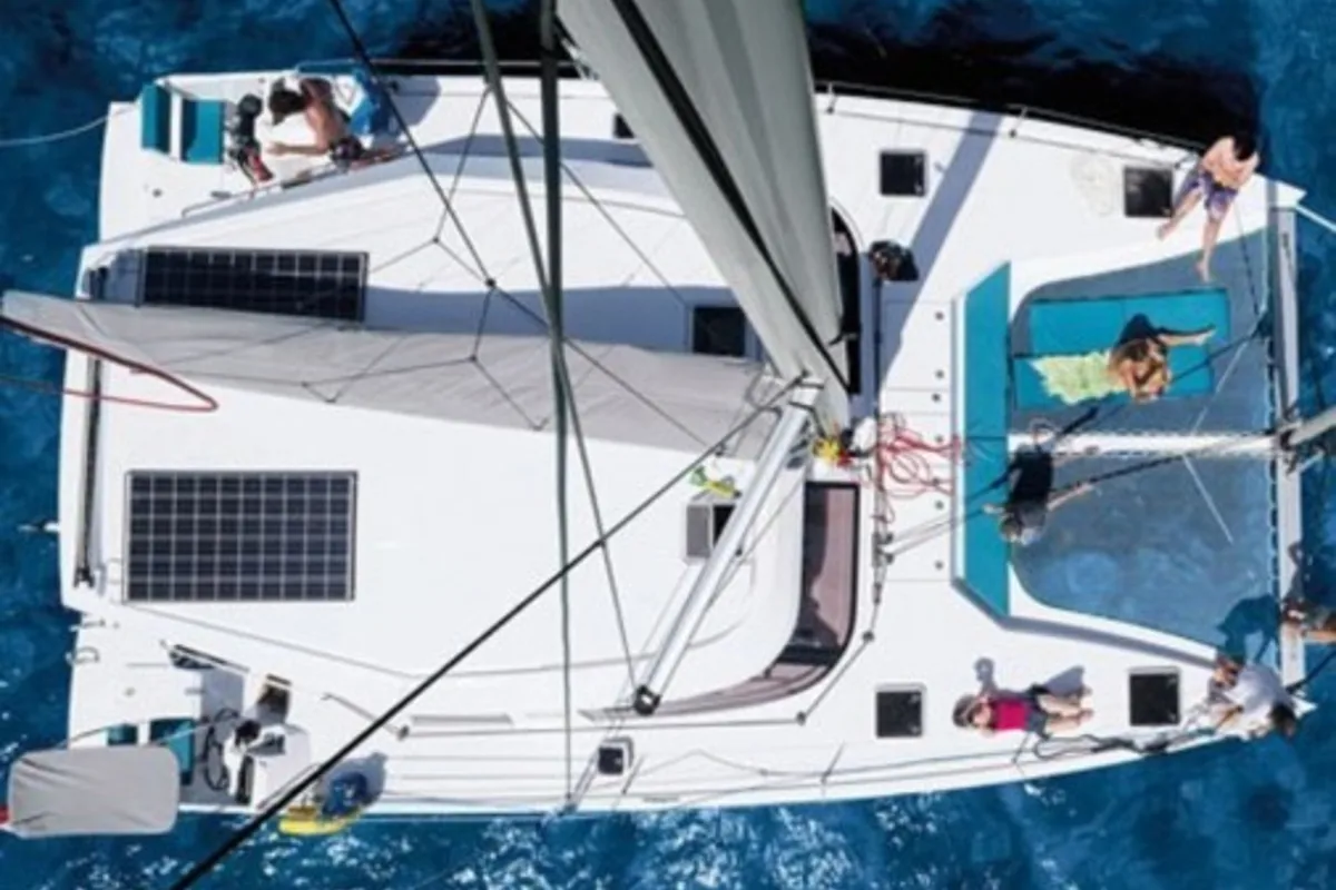 Exterior view of Whooper, a Lagoon 380 catamaran at Roses, Spain