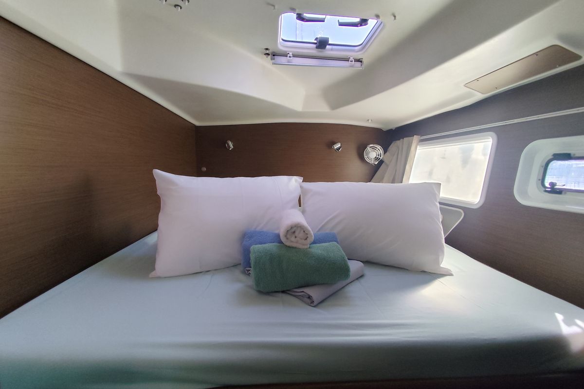 Cabin on Whooper, a Lagoon 380 catamaran at Roses, Spain