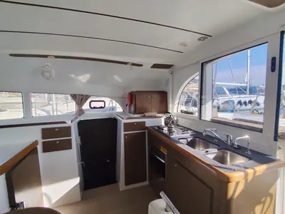 Galley of Whooper, a Lagoon 380 catamaran at Roses, Spain