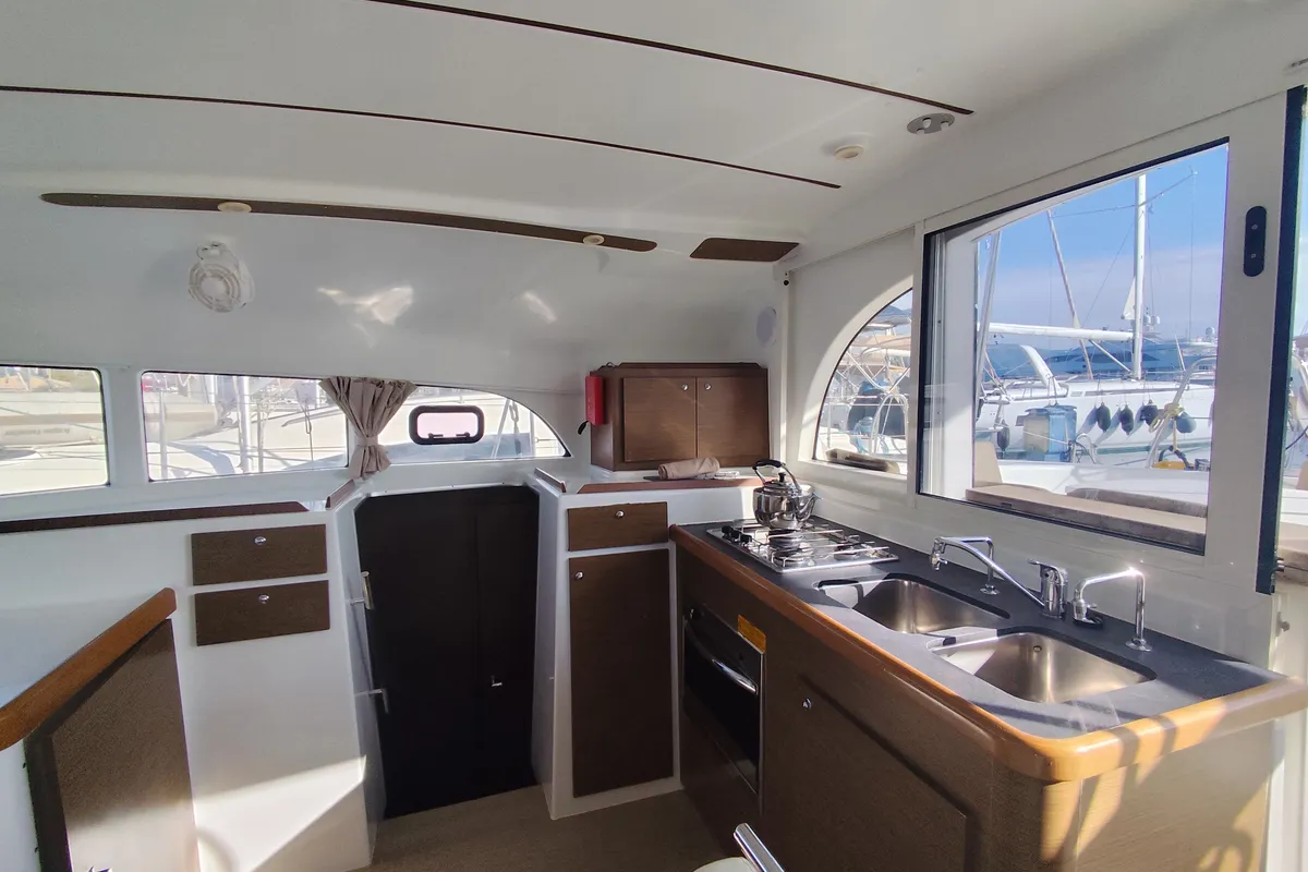 Galley of Whooper, a Lagoon 380 catamaran at Roses, Spain