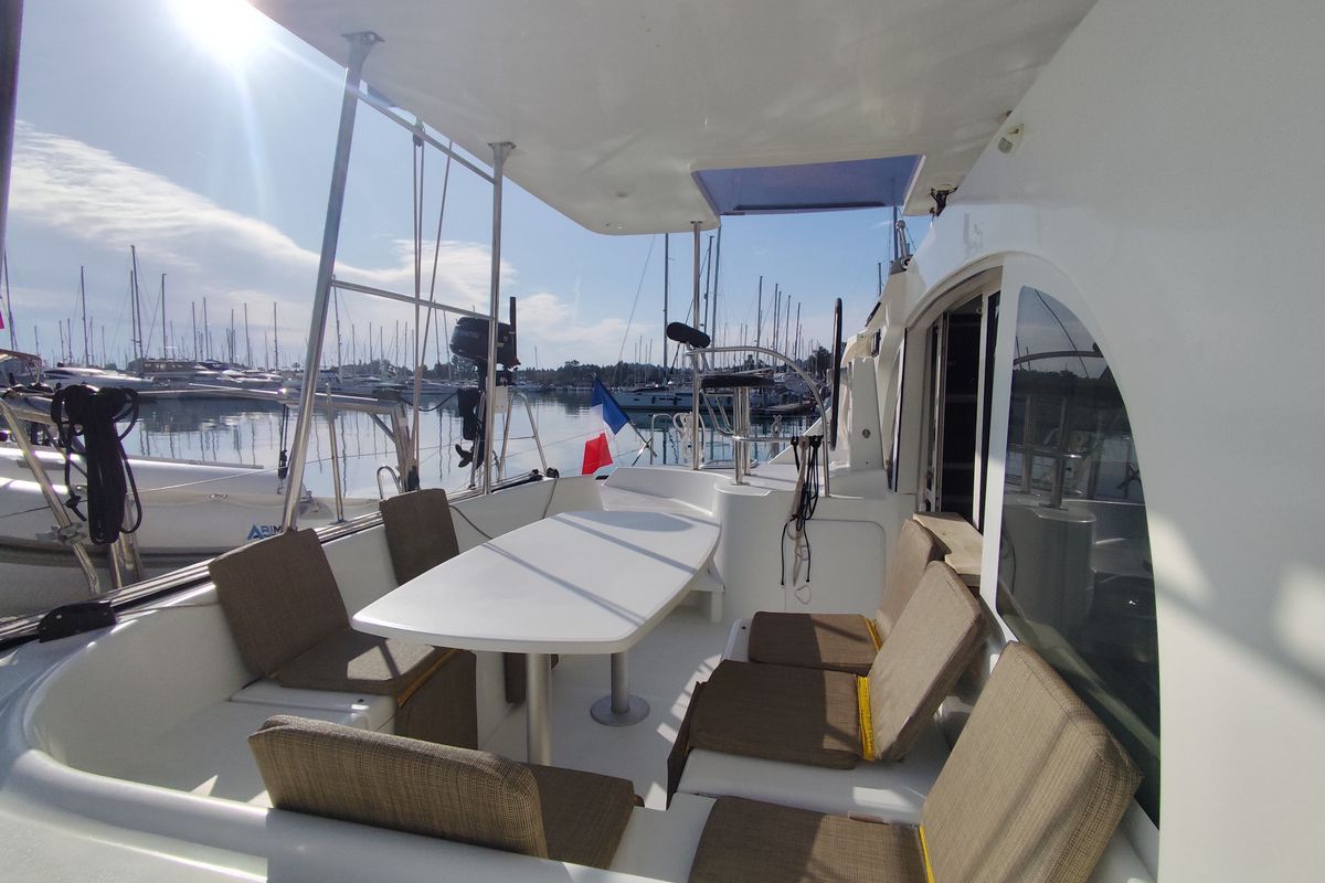 Deck of Whooper, a Lagoon 380 catamaran at Roses, Spain