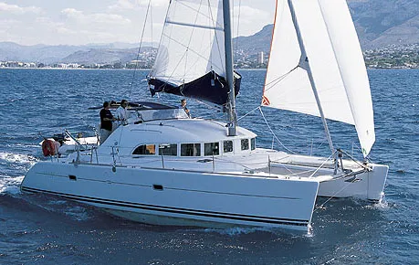 Exterior view of Whooper, a Lagoon 380 catamaran at Roses, Spain