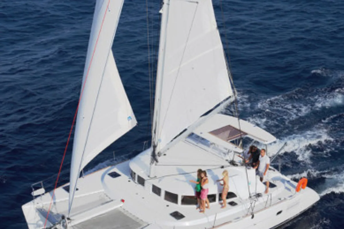 Exterior view of Whooper, a Lagoon 380 catamaran at Roses, Spain