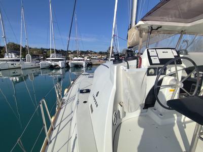 Cockpit of Whooper, a Lagoon 380 catamaran at Roses, Spain