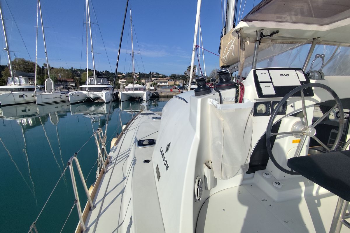 Cockpit of Whooper, a Lagoon 380 catamaran at Roses, Spain
