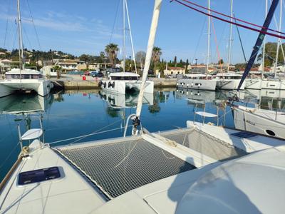 Deck of Whooper, a Lagoon 380 catamaran at Roses, Spain