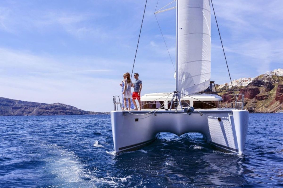 Exterior view of Whooper, a Lagoon 380 catamaran at Roses, Spain