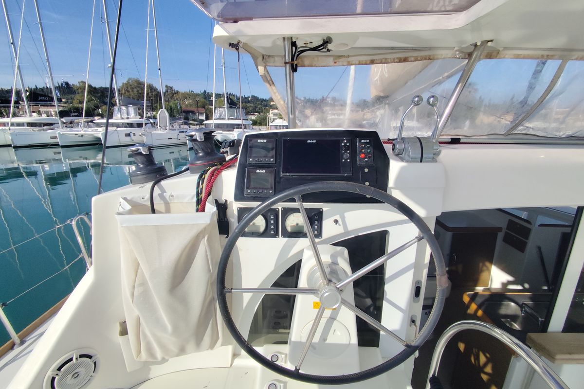 Cockpit of Whooper, a Lagoon 380 catamaran at Roses, Spain
