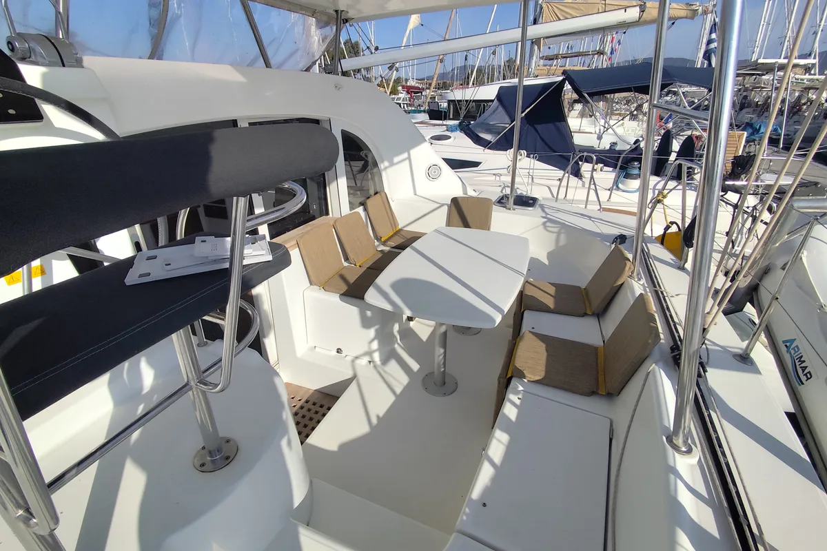 Deck of Whooper, a Lagoon 380 catamaran at Roses, Spain