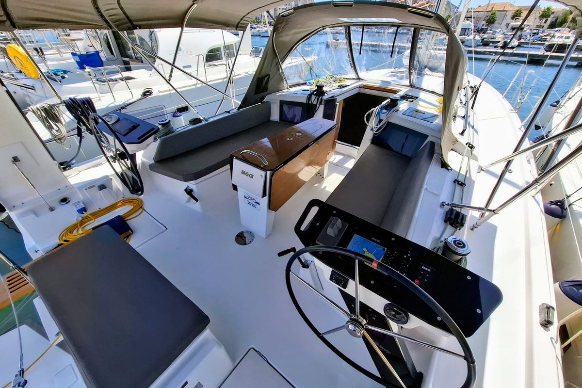 Cockpit of Reel Love, a Dufour 41 sailboat at Grad Vodice, Croatia