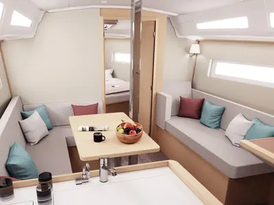 Salon of Sunsail 38.0 Premium, a Jeanneau Sun Odyssey 380 sailboat at Municipal Unit of Lefkada, Greece