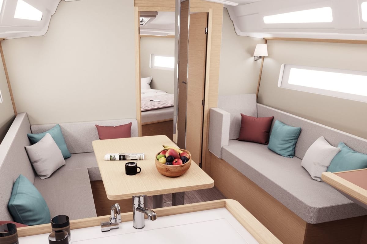 Salon of Sunsail 38.0 Premium, a Jeanneau Sun Odyssey 380 sailboat at Municipal Unit of Lefkada, Greece