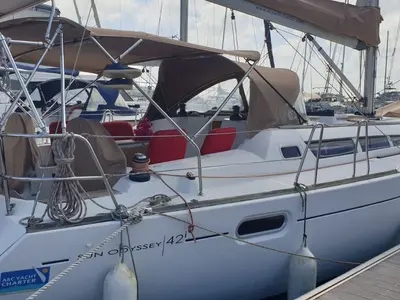 Deck of No Mad, a Jeanneau Sun Odyssey 42 i sailboat at Alameda, United States