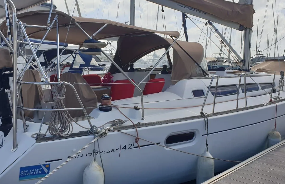 Deck of No Mad, a Jeanneau Sun Odyssey 42 i sailboat at Alameda, United States
