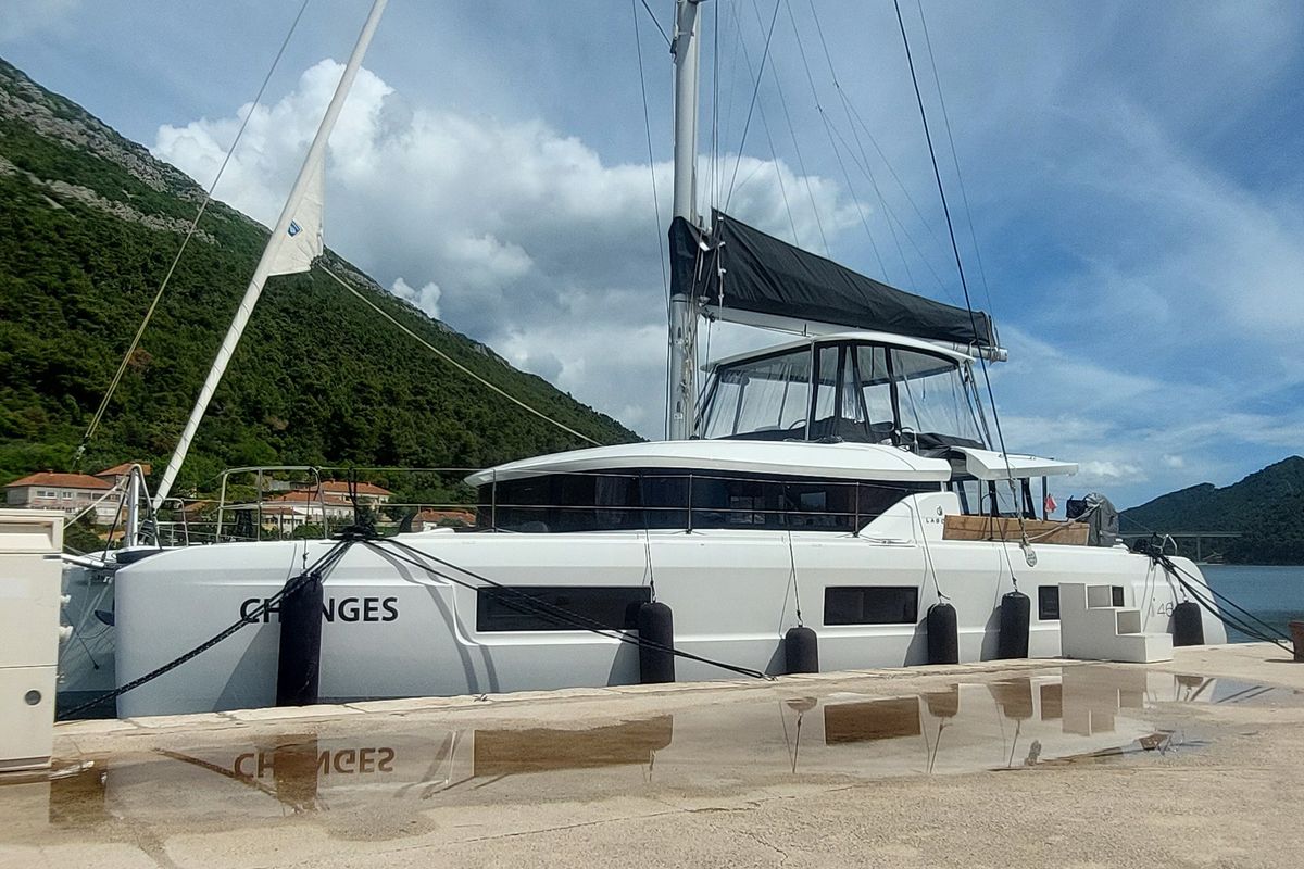 Exterior view of Changes, a Lagoon 46 catamaran at Dubrovnik, Croatia